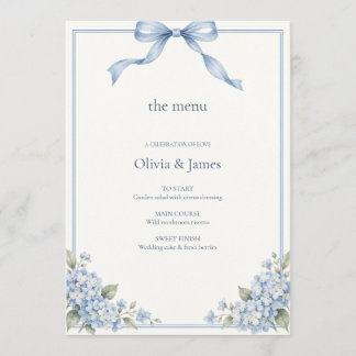 Menu Mariage Hydrangea Bleu Poussiéreux Ruban