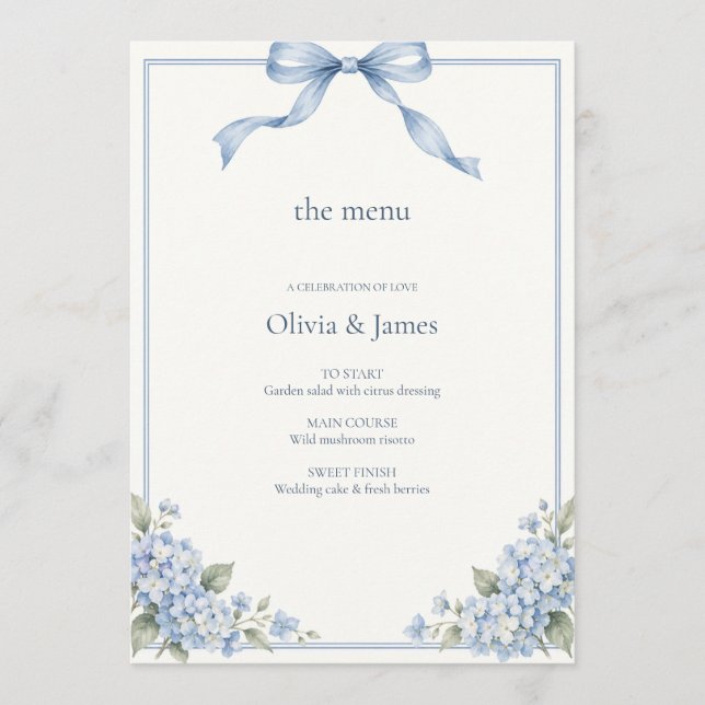Menu Mariage Hydrangea Bleu Poussiéreux Ruban (Devant)