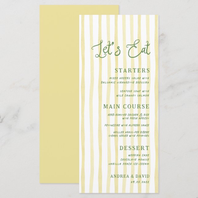 Menu Mariage Île Jaune Citron Rayures Calligraphie (Devant / Derrière)