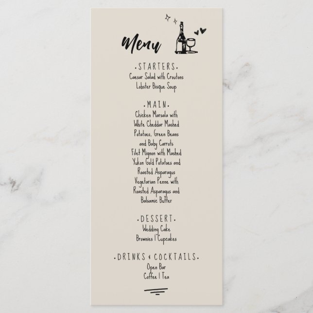 Menu Mariage Illustré à la Main Gris Rétro  (Devant)