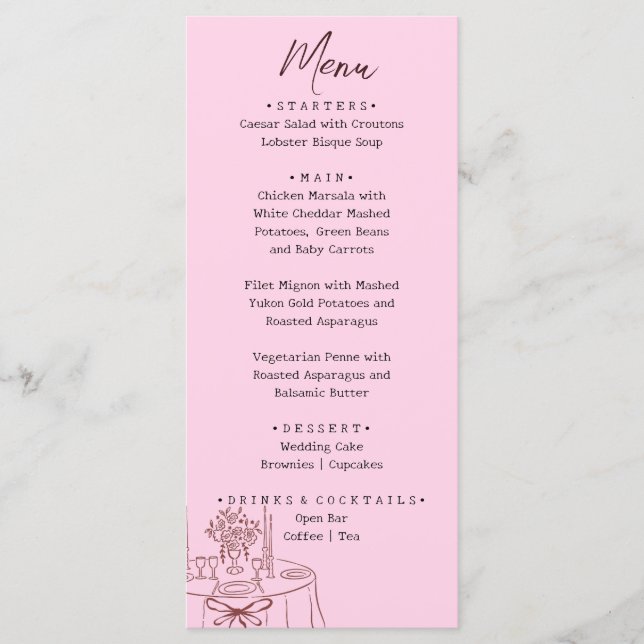 Menu Mariage Illustré à la Main Rose Fantaisiste  (Devant)