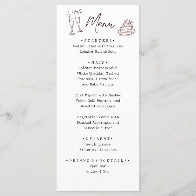 Menu Mariage Illustré Dessiné à la Main Blanc Fantaisis (Devant)