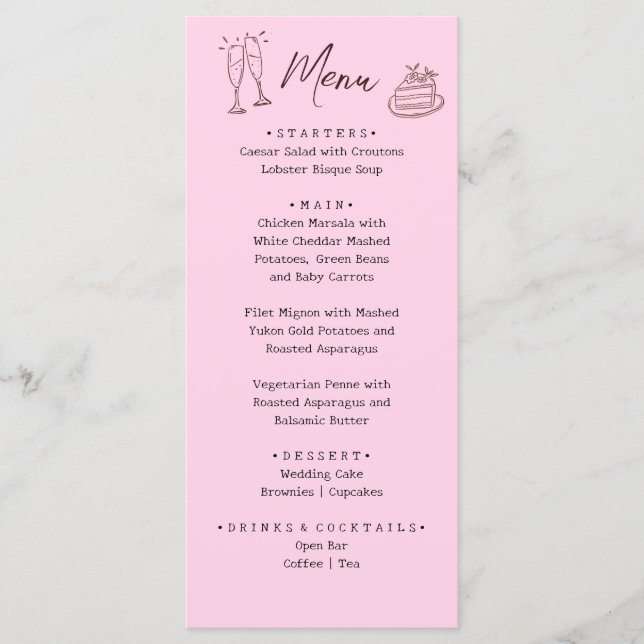 Menu Mariage Illustré Dessiné à la Main Rose Fantaisist (Devant)