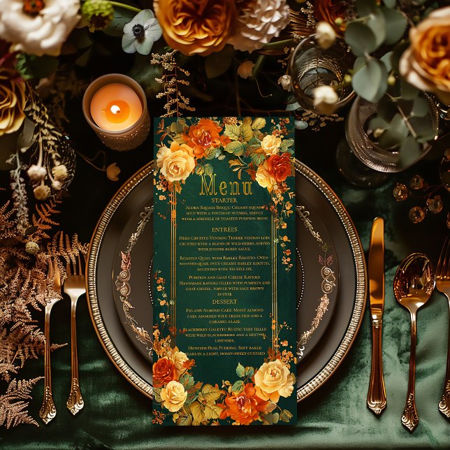 Menu Mariage inspiré de Verte et Orange Druide (elegant wedding menu design, Celtic-inspired wedding stationery, autumn wedding menu, nature-themed )