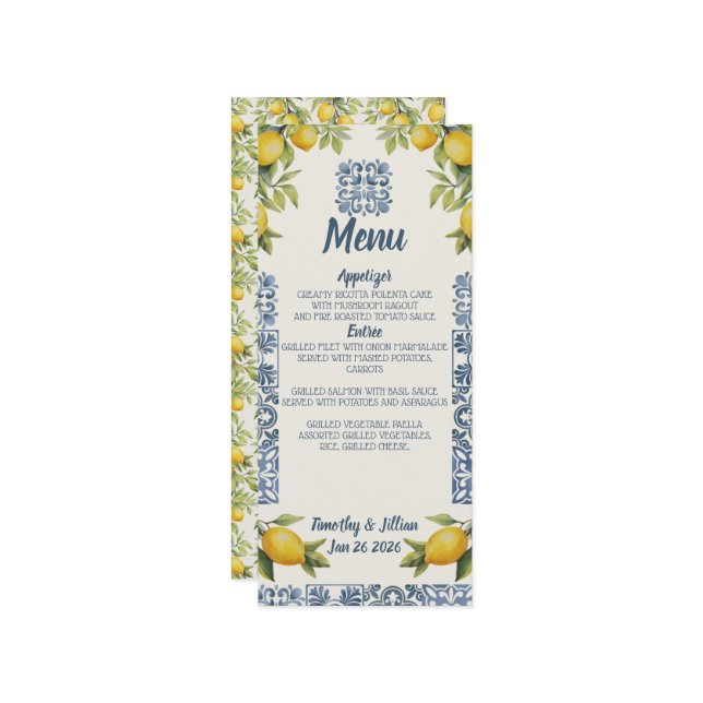 Menu Mariage Italien Amalfi Thématique (Devant/Arrière en situation)