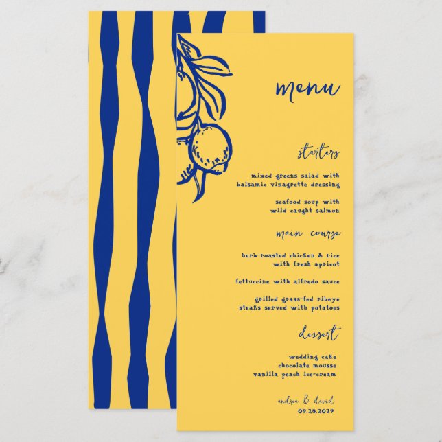 Menu Mariage Italien Rétro Dessiné à la Main Bleu (Devant / Derrière)