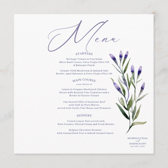 Menu Mariage Lavender Bliss Elegant Watercolor (Devant)