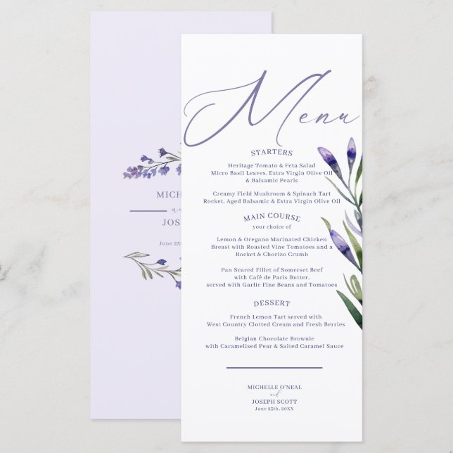 Menu Mariage Lavender Bliss Elegant Watercolor (Devant / Derrière)