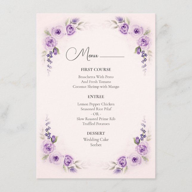 Menu Mariage Lavender et Blush Rose (Devant)