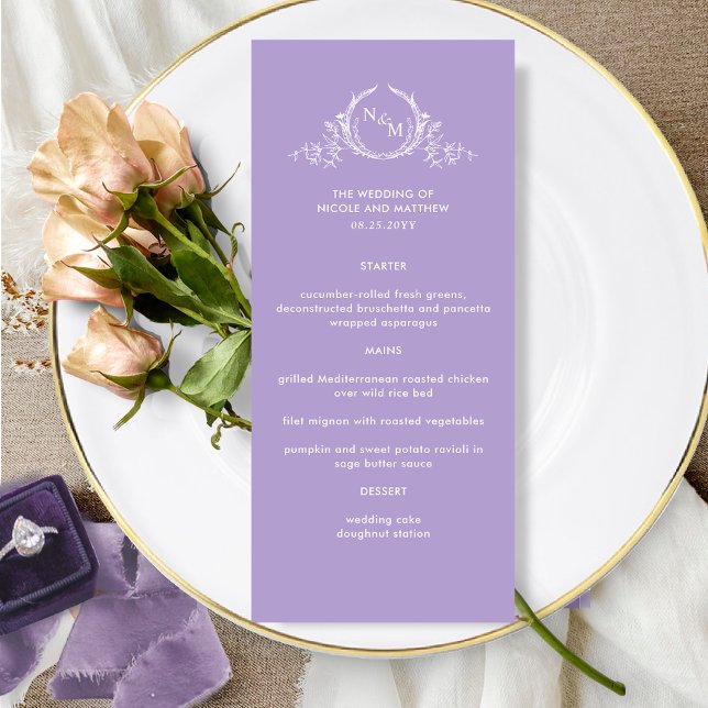 Menu Mariage Lavender Purple Élégant Monogram (Créateur téléchargé)