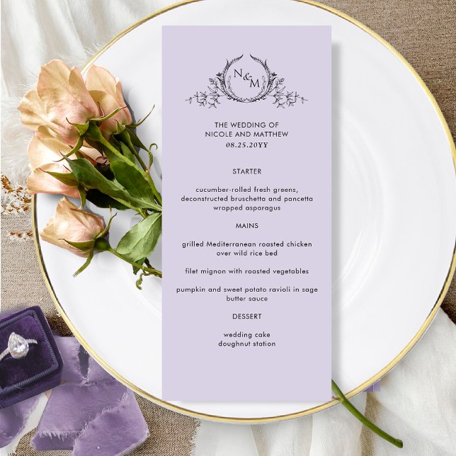 Menu Mariage Lavender Purple Élégant Monogram (Créateur téléchargé)
