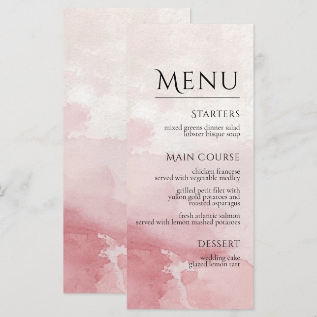 Menu Mariage Lavis Aquarelle Rose Pâle (Devant / Derrière)