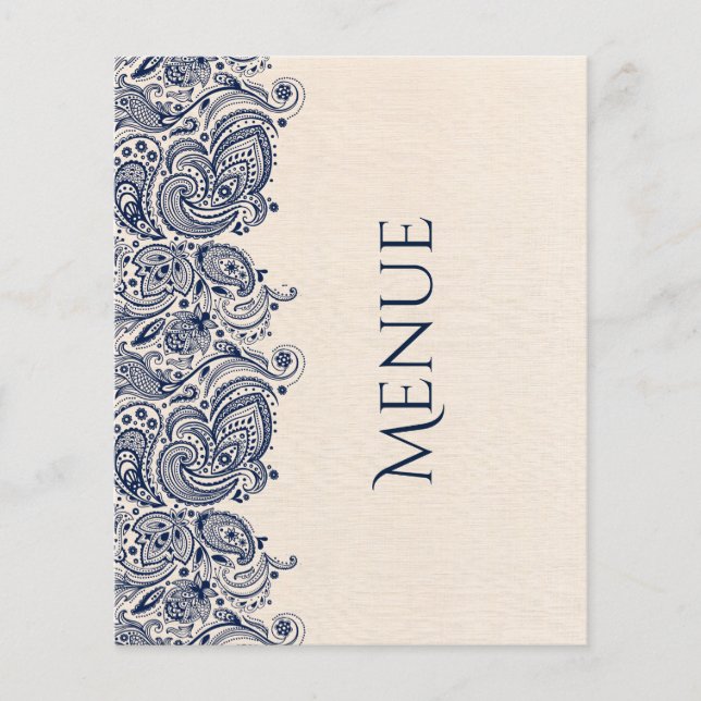 Menu mariage Linge beige et dentelle bleu foncé (Devant)