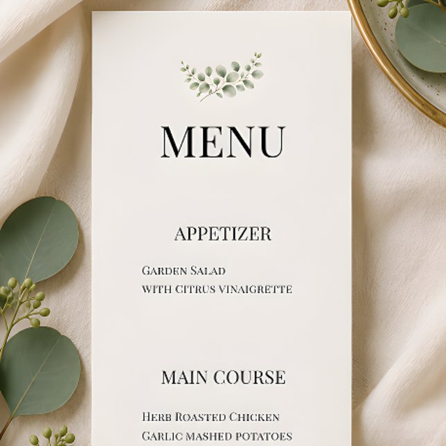 Menu Mariage Luxueux de Verdure d'Eucalyptus (Eucalyptus wedding themed menu for reception)
