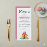 Menu Mariage Macaron français moderne<br><div class="desc">Ce menu de mariage élégant présente une aquarelle ludique illustrant des macarons français colorés, ajoutant une touche de charme parisien et de fantaisie. Le front blanc propre affiche chaque cours dans une police serif moderne, avec des titres rose vif doux pour un accent romantique. L'envers est un rose solide, parfait...</div>