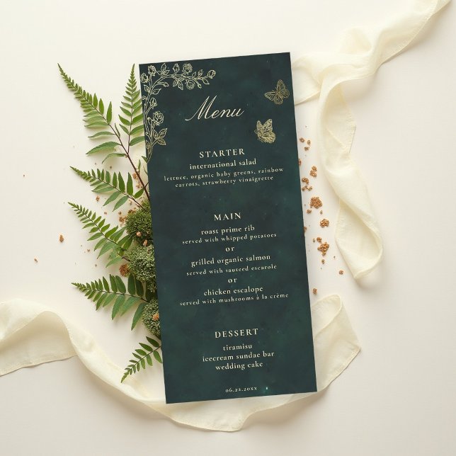 Menu Mariage Magique Émeraude Boisée Fairycore (fairycore woodland enchanted forest emerald green faux gold wedding menu butterflies roses wild)