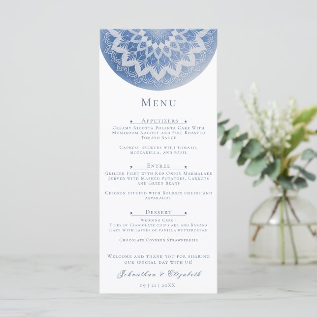 Menu Mariage Mandala Broderie Bleue (Debout devant)