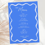 Menu Mariage manuscrit rétro Wavy Squiggle bleu<br><div class="desc">Carte de menu mariage à la mode ondulée à la bordure manuscrite style griffes suivant la dernière tendance en stationnaire mariage.</div>