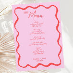 Menu Mariage manuscrit rouge rouge rose Vague rétro<br><div class="desc">Carte de menu mariage à la mode ondulée à la bordure manuscrite style griffes suivant la dernière tendance en stationnaire mariage.</div>