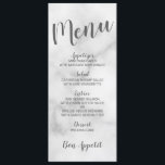 Menu Mariage Marbre blanc élégant<br><div class="desc">Classy Elegant Marbre blanc Mariage Menu Card avec titre en caractères de caractères gris modernes avec menu mariage en caractères gris modernes sans serif sur arrière - plan en marbre blanc.</div>