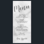 Menu Mariage Marbre blanc élégant<br><div class="desc">Classy Elegant Marbre blanc Mariage Menu Card avec titre en caractères de caractères gris modernes avec menu mariage en caractères gris modernes sans serif sur arrière - plan en marbre blanc.</div>