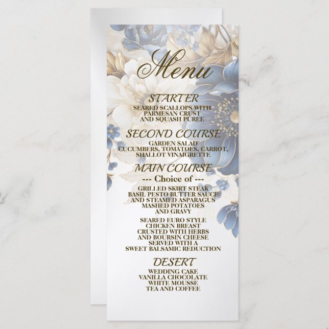 Menu Mariage Marine Bleu Blanc Or Floral Argent (Devant / Derrière)