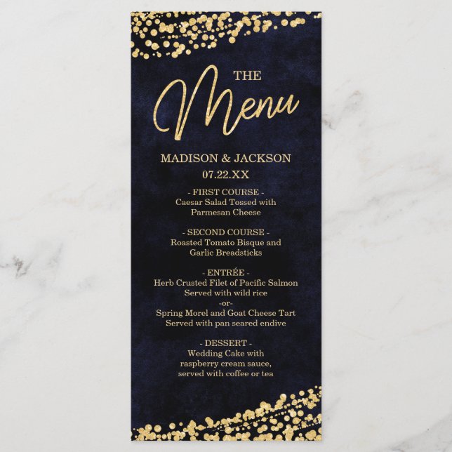 Menu Mariage Marine Blue Watercolor & Gold Confett (Devant)