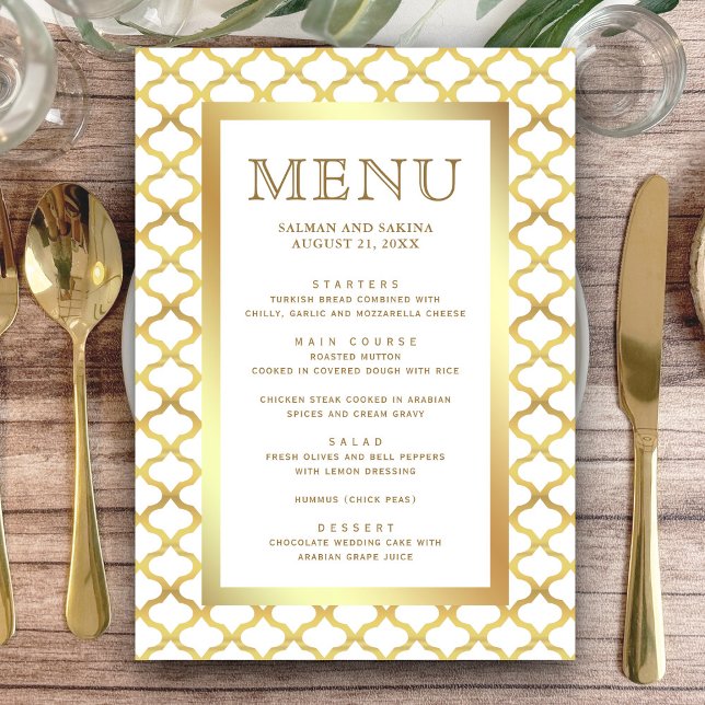 Menu Mariage marocain à quatre feuilles blanc et or (Créateur téléchargé)
