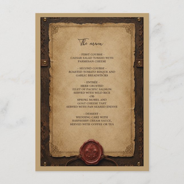 Menu Mariage Médiéval Rustique en Cire de Cuir (Devant)