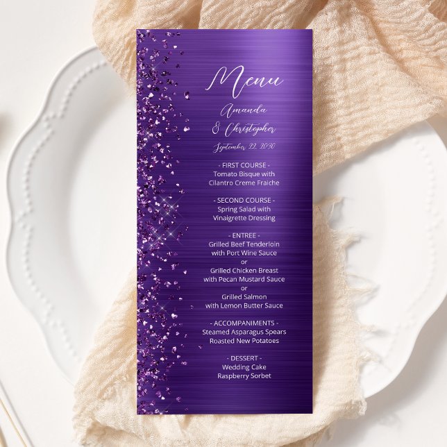 Menu Mariage Métal Brossé Paillettes Violet Glam (Créateur téléchargé)