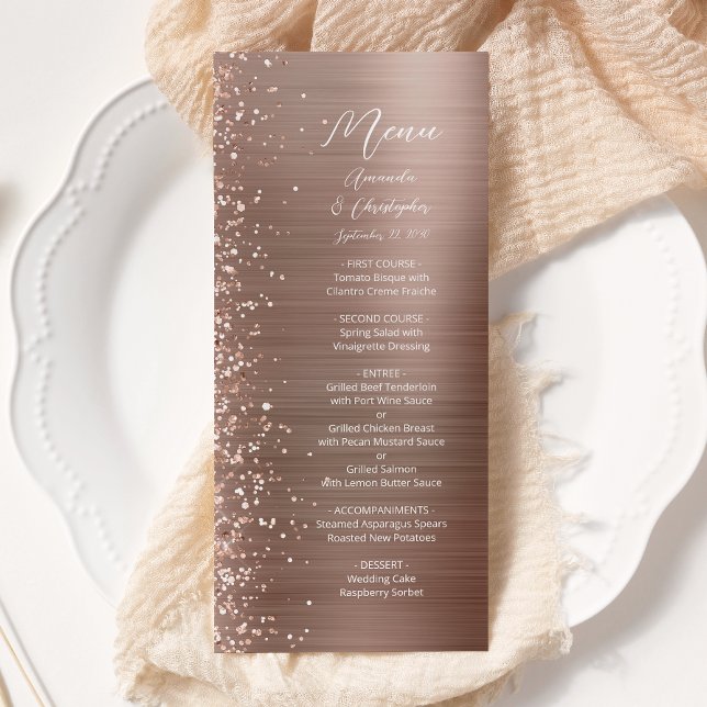 Menu Mariage Métal Paillettes Rose Glamour Brossé (Créateur téléchargé)