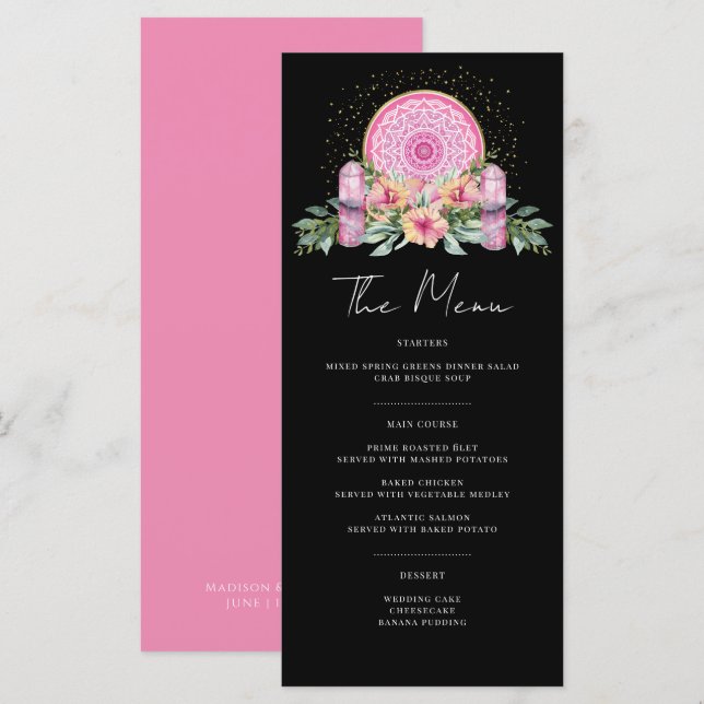 Menu Mariage métaphysique rose floral Mandala Crystals (Devant / Derrière)