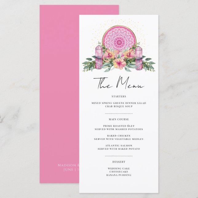 Menu Mariage métaphysique rose floral Mandala Crystals (Devant / Derrière)