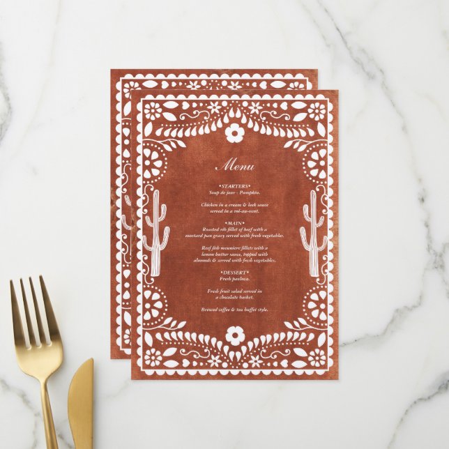 Menu Mariage mexicain en papier découpé Terracotta Brun (Devant/Arrière en situation)
