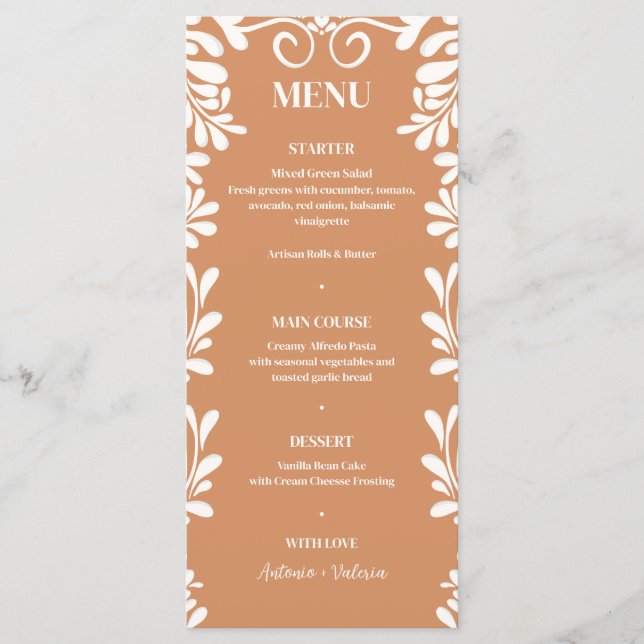 Menu Mariage Mexicain en Terracotta Talavera (Devant)