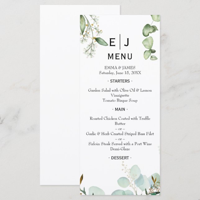 Menu Mariage minimal Chic Greenery (Devant / Derrière)