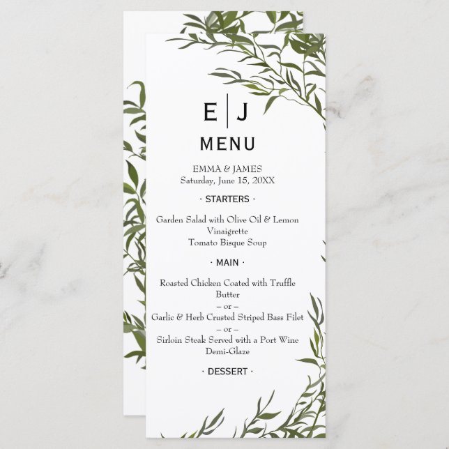 Menu Mariage minimal Chic Greenery (Devant / Derrière)