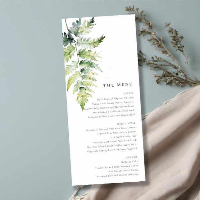 Menu Mariage Minimal Vert Aquarelle Fern Foliage (Créateur téléchargé)
