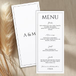 Menu Mariage minimaliste blanc noir moderne<br><div class="desc">Menu de mariage moderne et simple en noir et blanc. Design épuré et facile à lire qui correspond à un thème de mariage moderne minimaliste. Comprend la description du cours - informations sur l'entrée,  le plat principal,  le dessert et les boissons faciles à modifier et à personnaliser.</div>