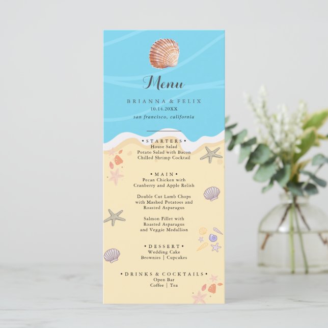 Menu Mariage minimaliste bleu océan d'été (Debout devant)