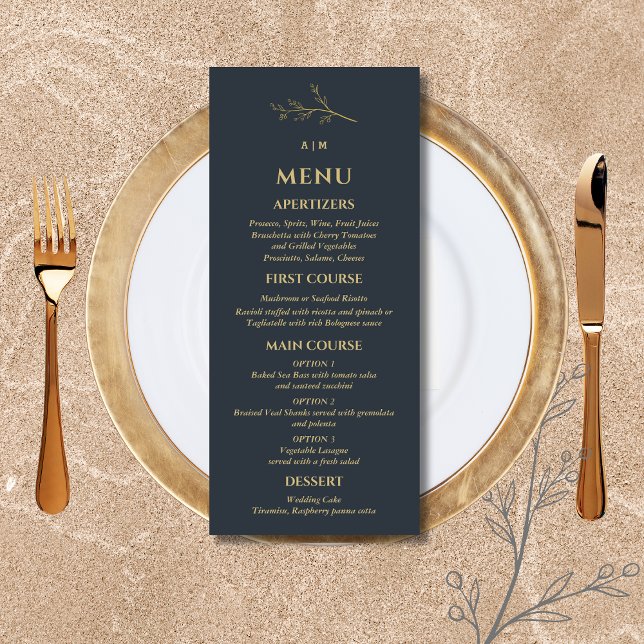 Menu Mariage Minimaliste Botanique Monogramme Charbon (Créateur téléchargé)