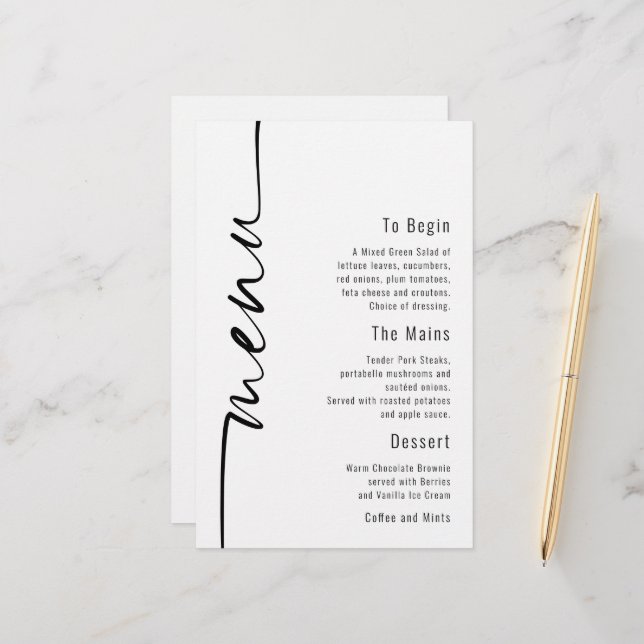 Menu Mariage minimaliste de calligraphie budgétair (Devant/Arrière en situation)