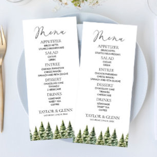 Menu Mariage minimaliste de la forêt de pins neigeux d'