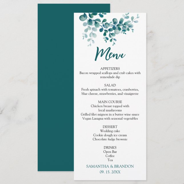 Menu Mariage minimaliste de verdure eucalyptus (Devant / Derrière)