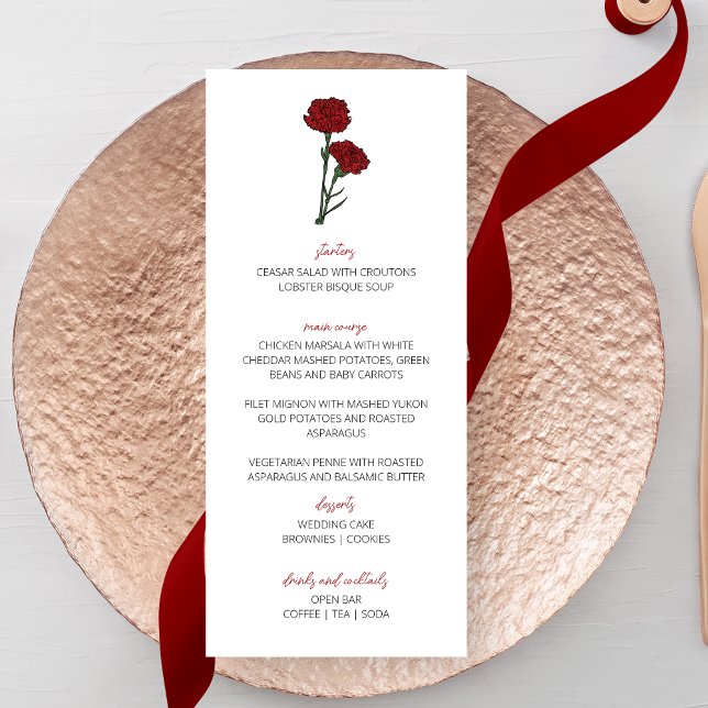 Menu Mariage minimaliste des oeillets rouges (Créateur téléchargé)