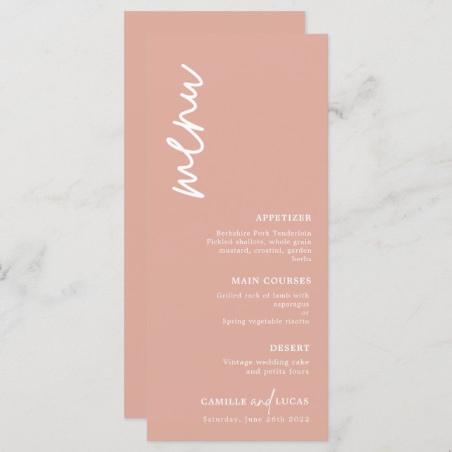 Menu Mariage minimaliste Dusty Rose (Devant / Derrière)