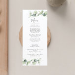 Menu Mariage minimaliste Eucalyptus Feuilles élégant<br><div class="desc">Offrez à vos invités ce mignon menu feuille moderne à l'eucalyptus qui serait parfait pour votre mariage botanique à thème de campagne. Modifiez facilement les détails en cliquant sur le bouton "Personnaliser".</div>