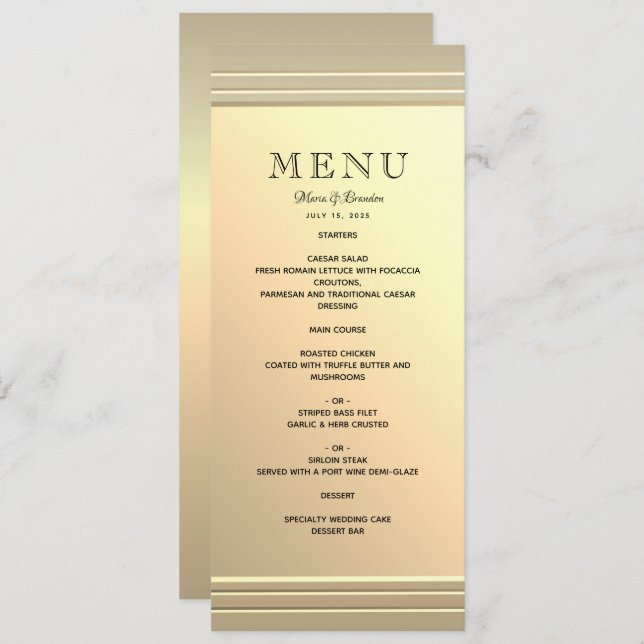 Menu Mariage minimaliste Faux Gold (Devant / Derrière)