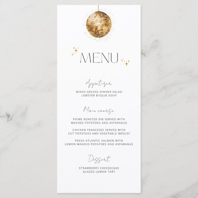 Menu Mariage minimaliste Gold Disco Ball (Devant)