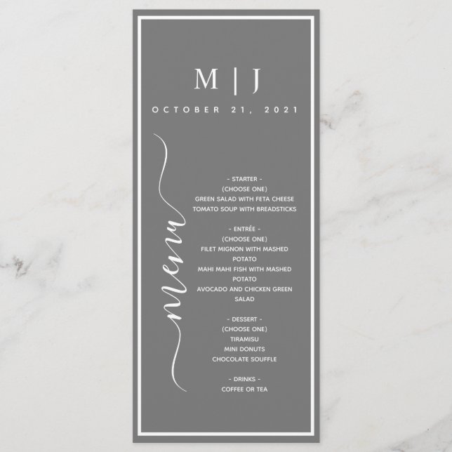 Menu Mariage minimaliste gris et blanc (Devant)